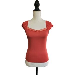 Dazy Red Lace Trim Cap Sleeve Ribbed Knit Bodycon Top Size M Y2K Vampire Diaries